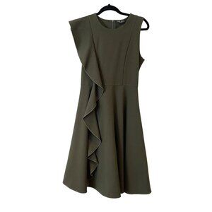 Few Moda Size S Side Ruffle Midi A-Line Flare Dress Green Modest Career